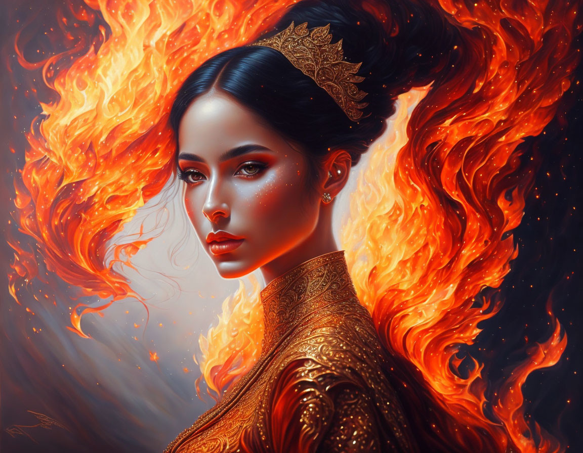 Golden-clad woman with fierce expression in fiery setting.