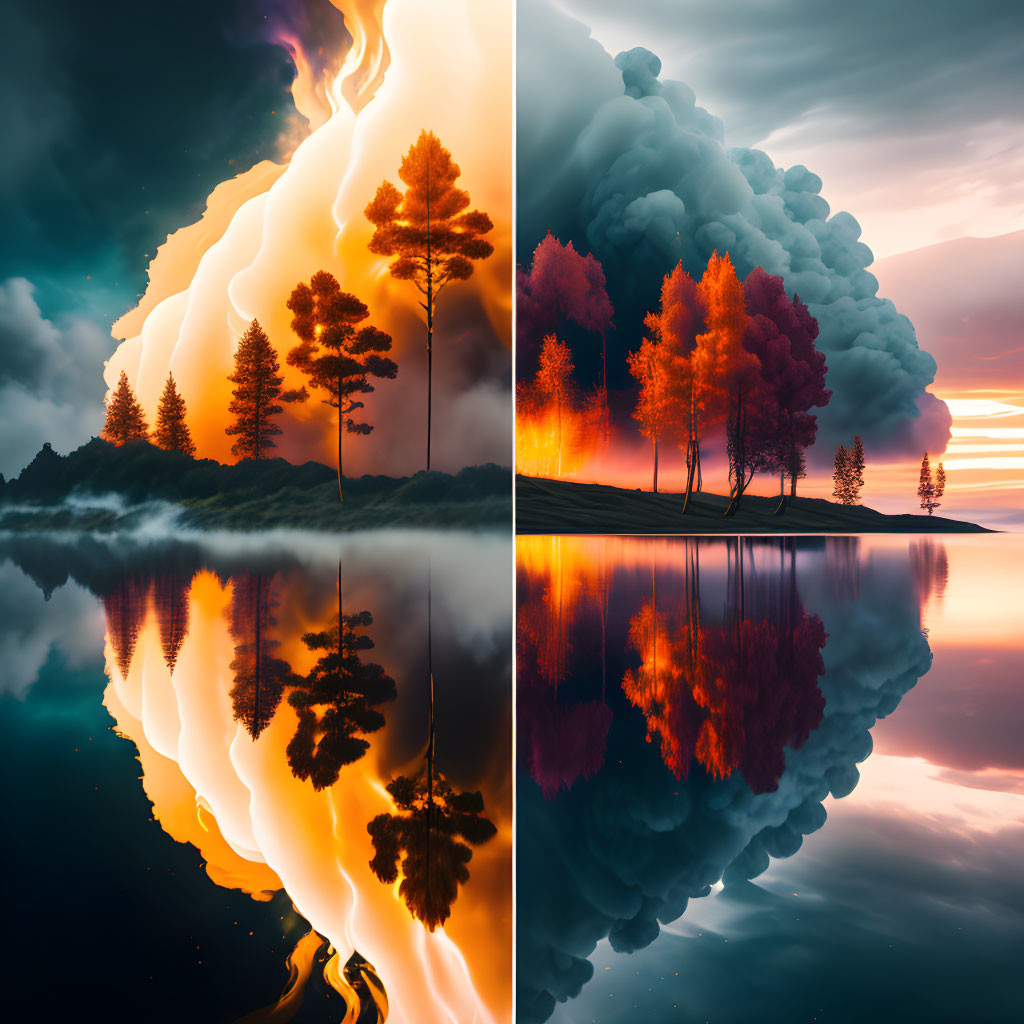 Split-image of vibrant flames and serene sunset landscapes