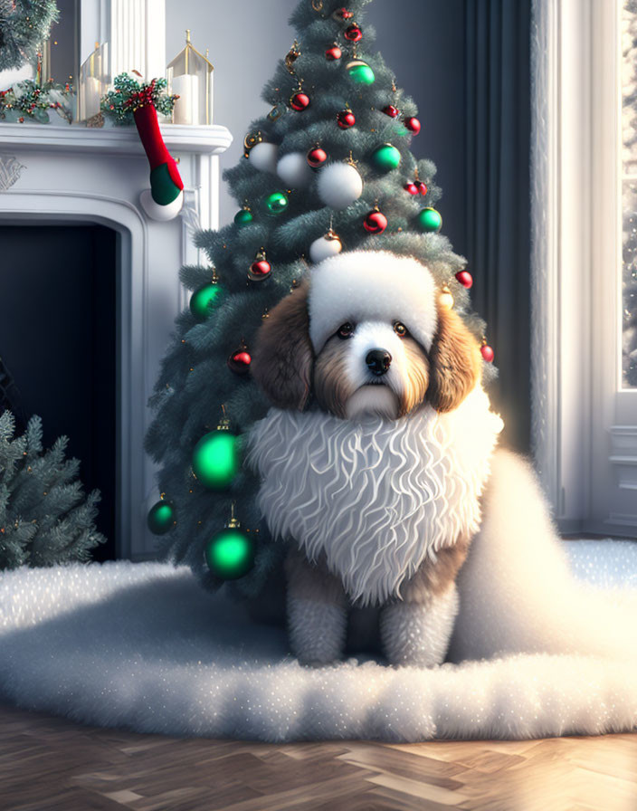 Brown and White Dog with Scarf by Christmas Tree and Stocking