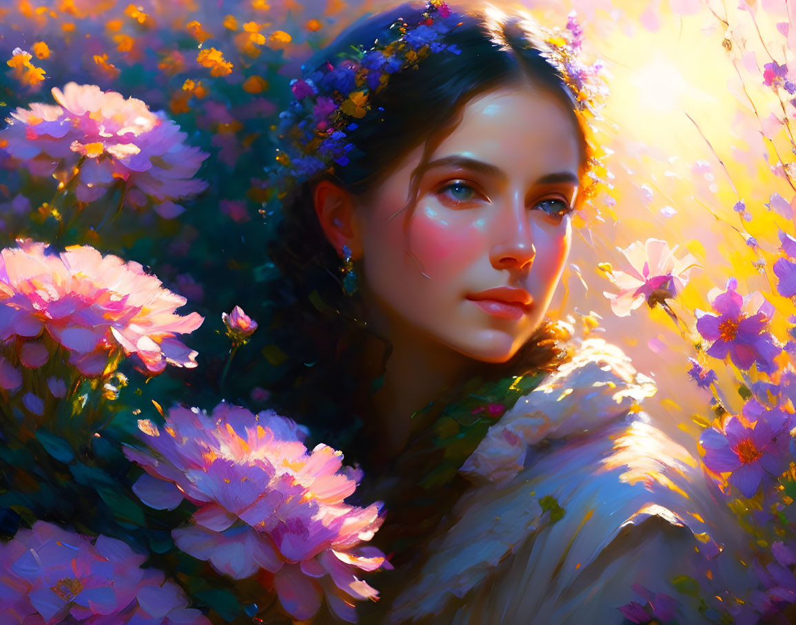 Woman with Floral Crown Surrounded by Pink Flowers in Golden Sunlight