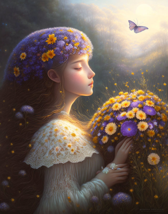 Illustration of woman with flowers, bouquet, and butterfly in glowing forest