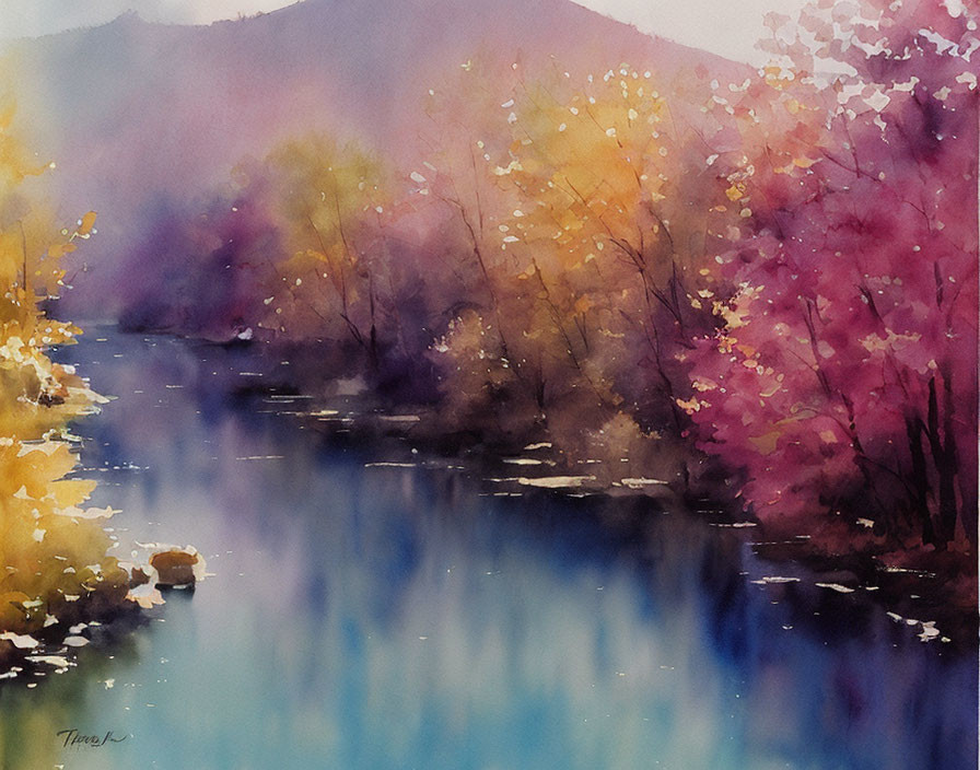 Tranquil watercolor painting of serene river with autumn trees