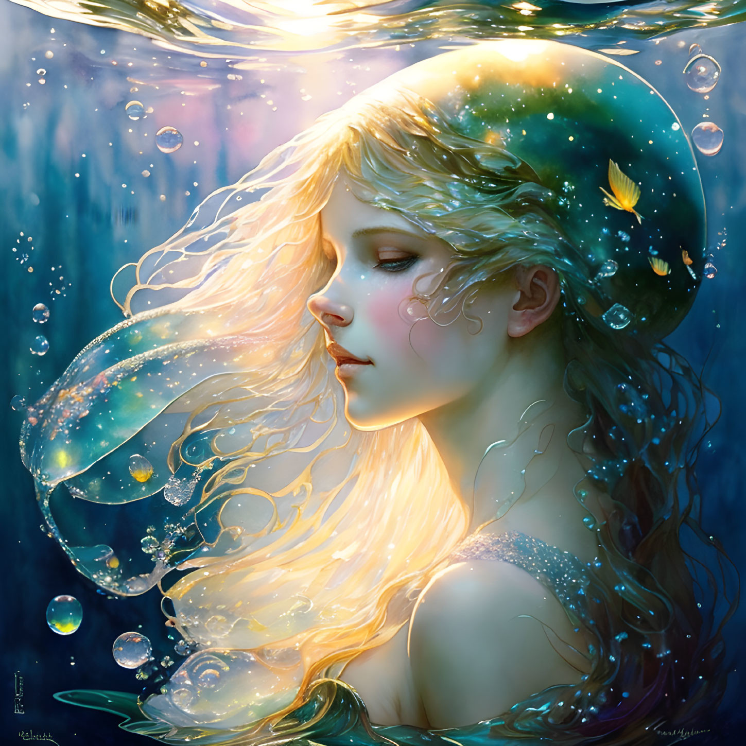 Fantasy illustration of serene blonde woman with cosmic aura in underwater scene