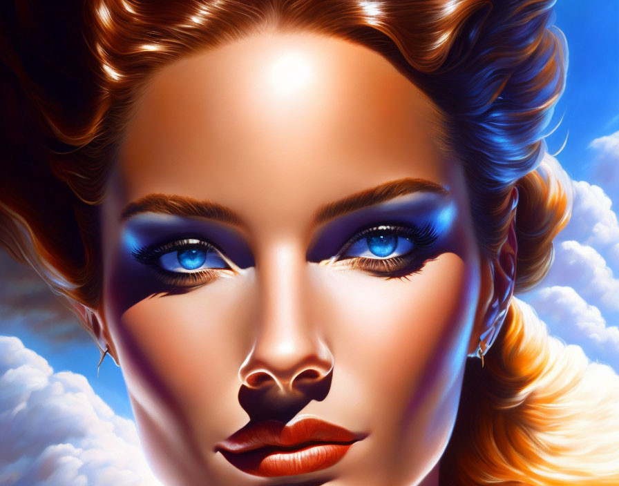 Digital portrait of a woman with blue eyes and amber hair against cloudy sky