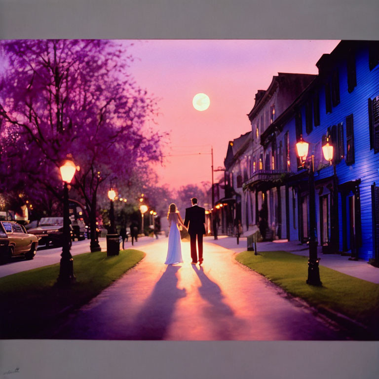 Wedding couple under full moon in twilight scene