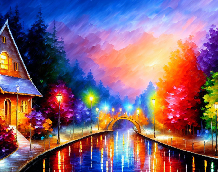 Colorful Landscape Painting: House by Waterway with Bridge, Street Lamps, Sunset Sky