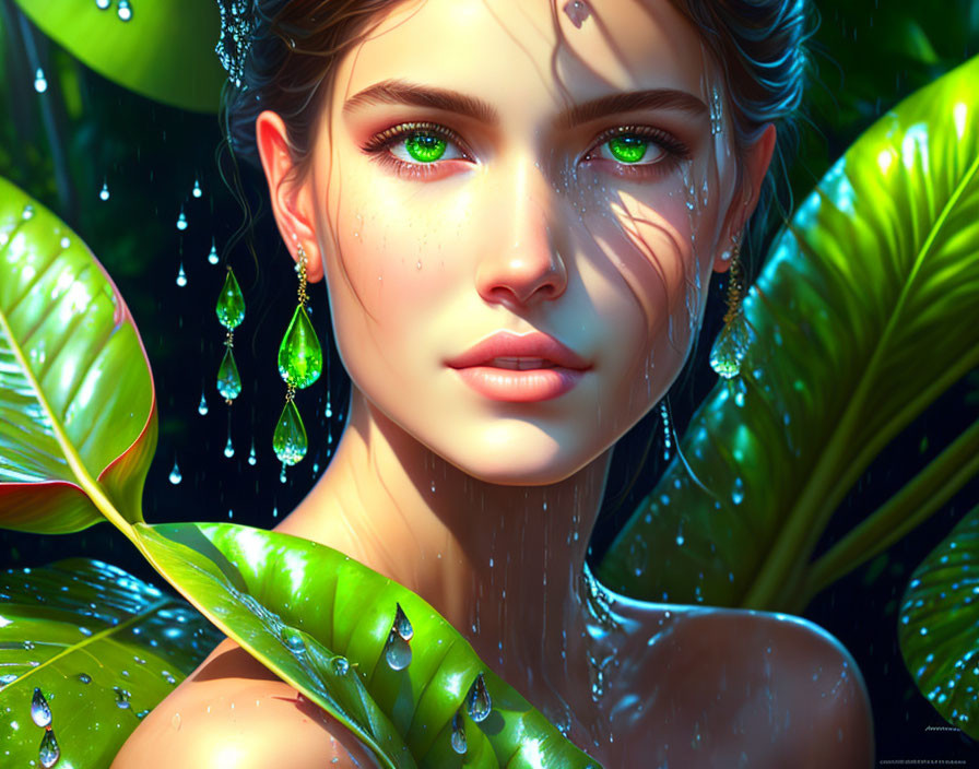 Digital artwork featuring woman with green eyes in lush leafy setting