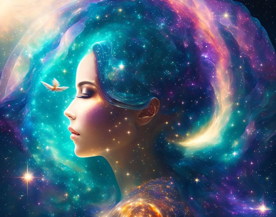 Profile of a woman with hair and skin blending into vibrant galaxy with stars, bird flying by eye