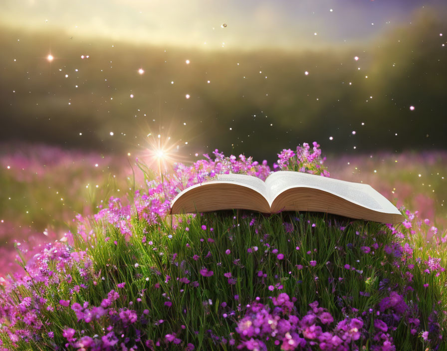 Open book in purple flower field under warm sunlight with magical dust particles.