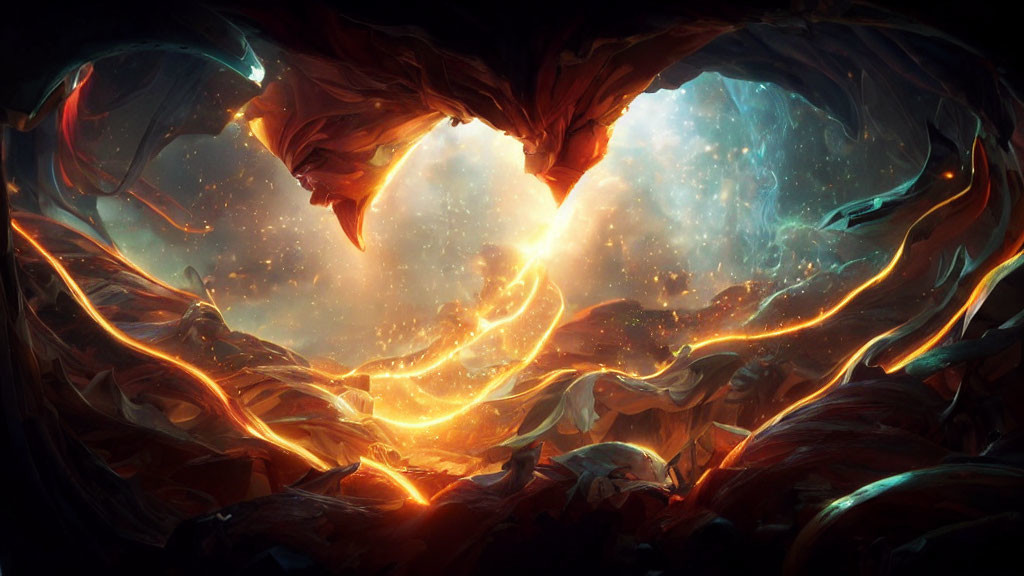 Fiery vortex forming heart shape amidst celestial bodies