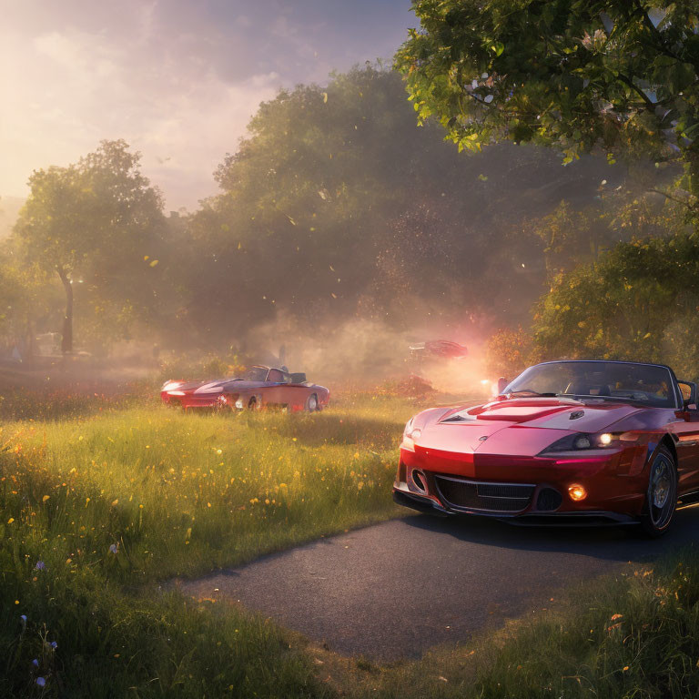 Two Sports Cars Racing on Dusty Rural Road Amidst Scenic Meadow