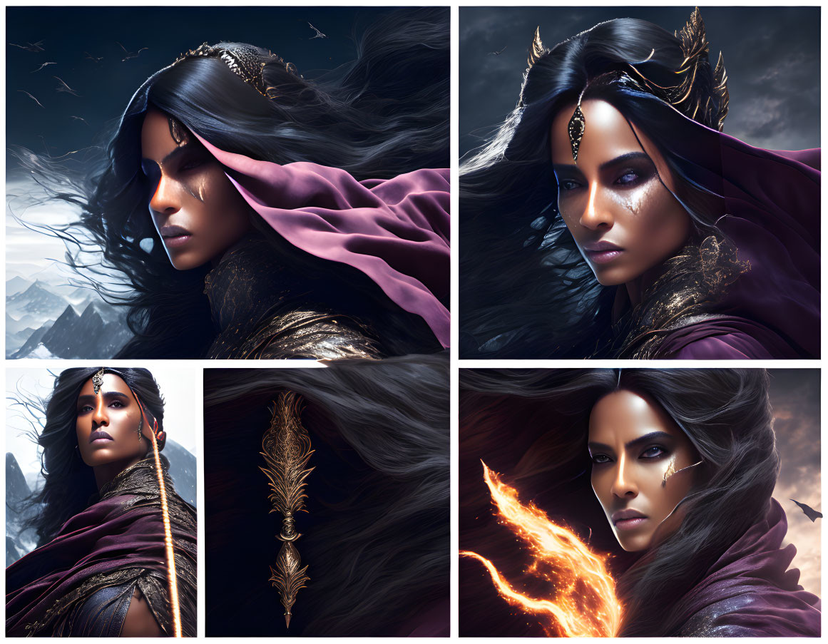 Fantasy woman collage with dark hair, regal attire, varied expressions, and magical flame.