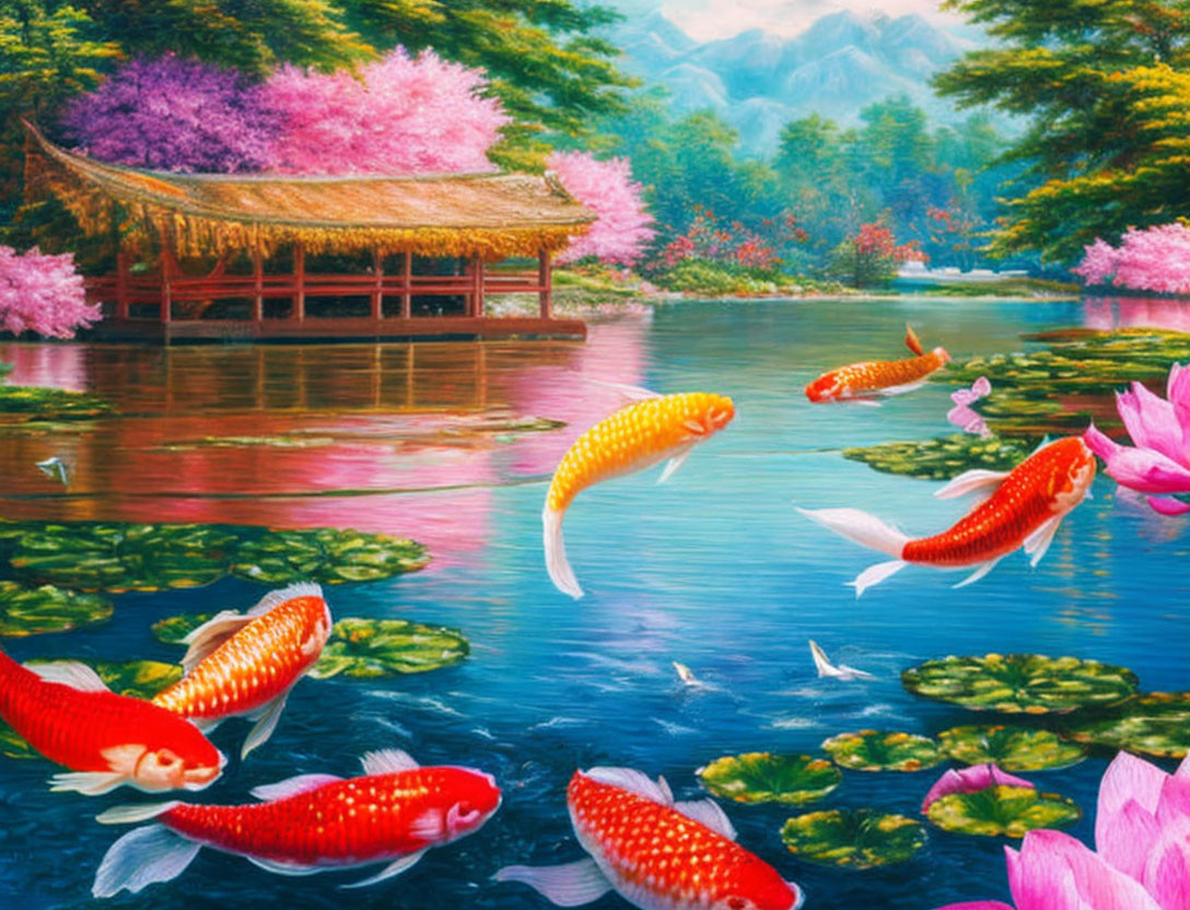 Colorful Koi Fish Painting with Pink Trees and Lotus Pond