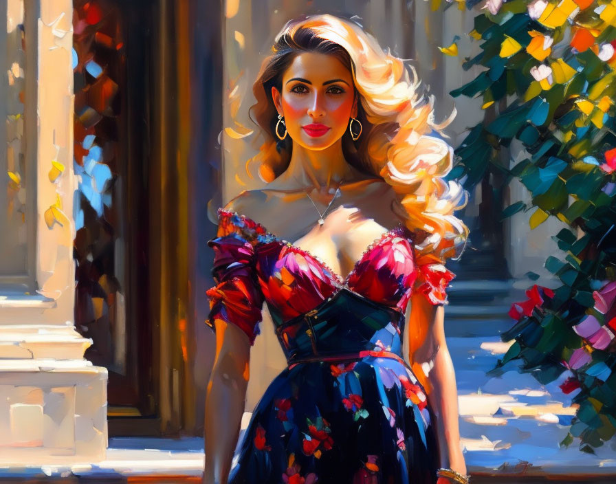 Blonde woman in red floral dress and earrings in front of sunlit building