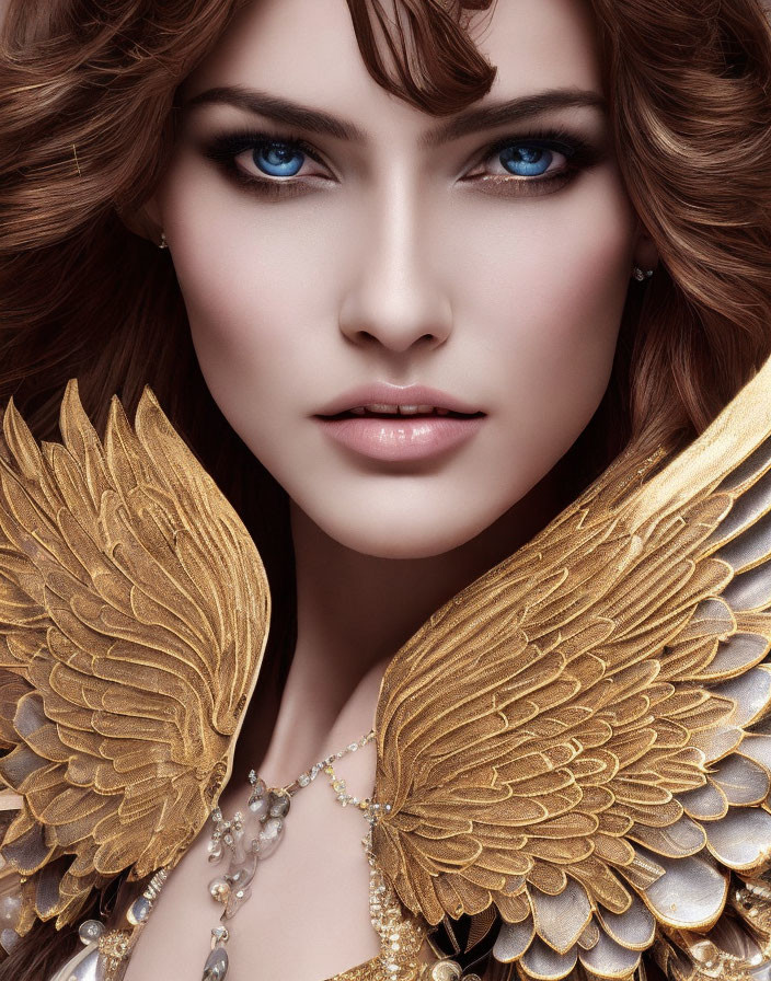 Woman with Blue Eyes, Brown Hair, and Gold Winged Accessories