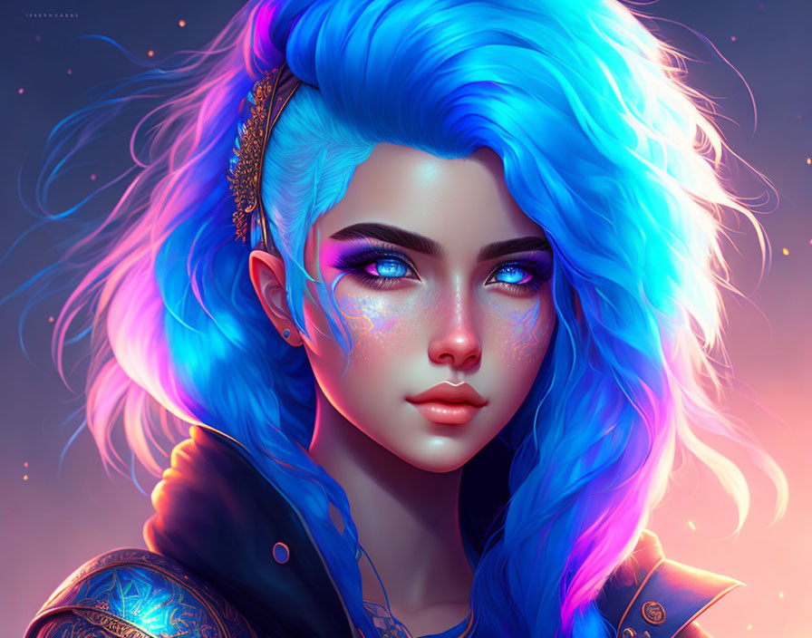 Fantasy character with glowing blue hair and eyes on dark background