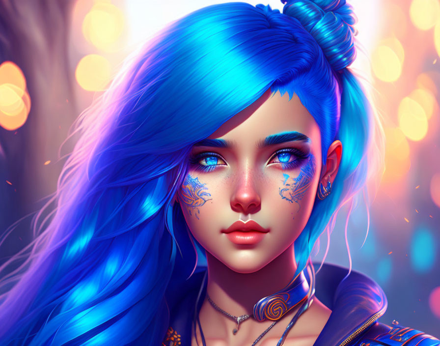 Vibrant Blue Hair Woman with Facial Tattoos and Bokeh Background