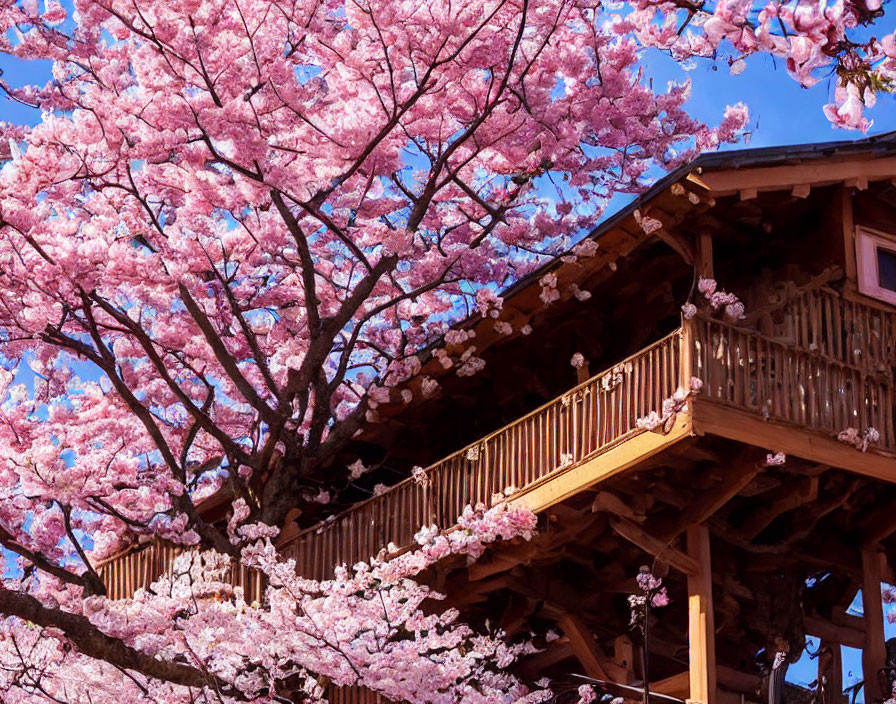 Traditional wooden balcony with vibrant cherry blossoms under clear blue sky