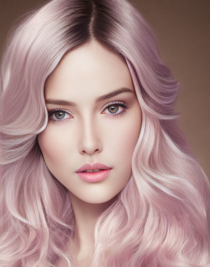 Portrait of person with soft pink wavy hair and blue eyes