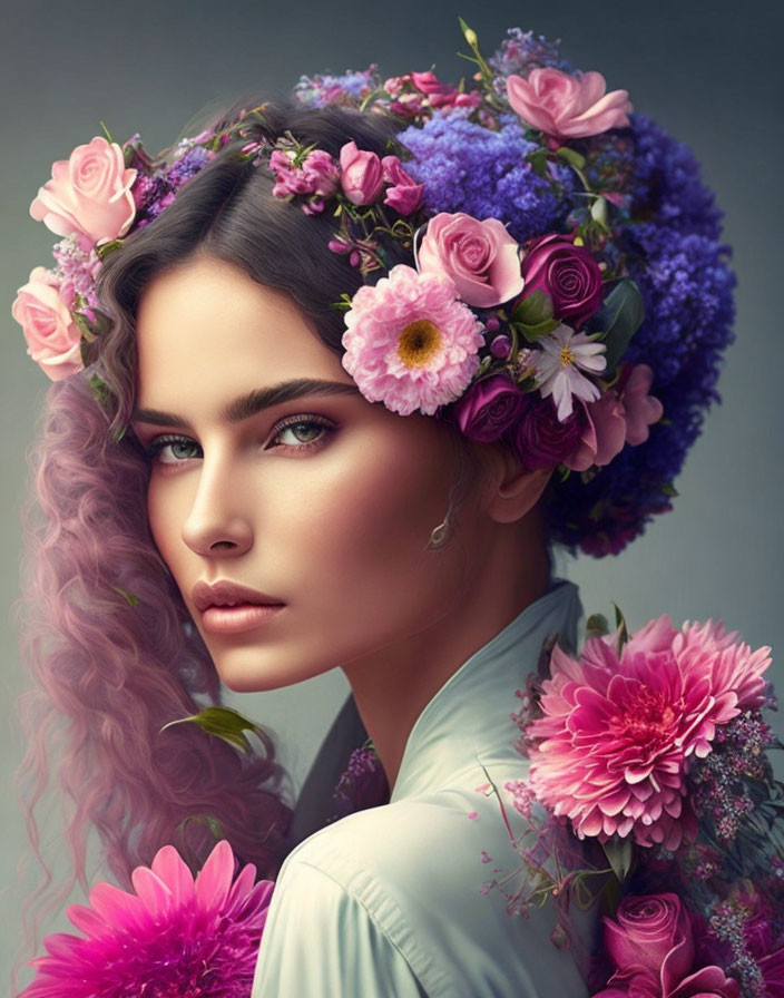 Woman adorned with pink and purple flowers in hair and clothing