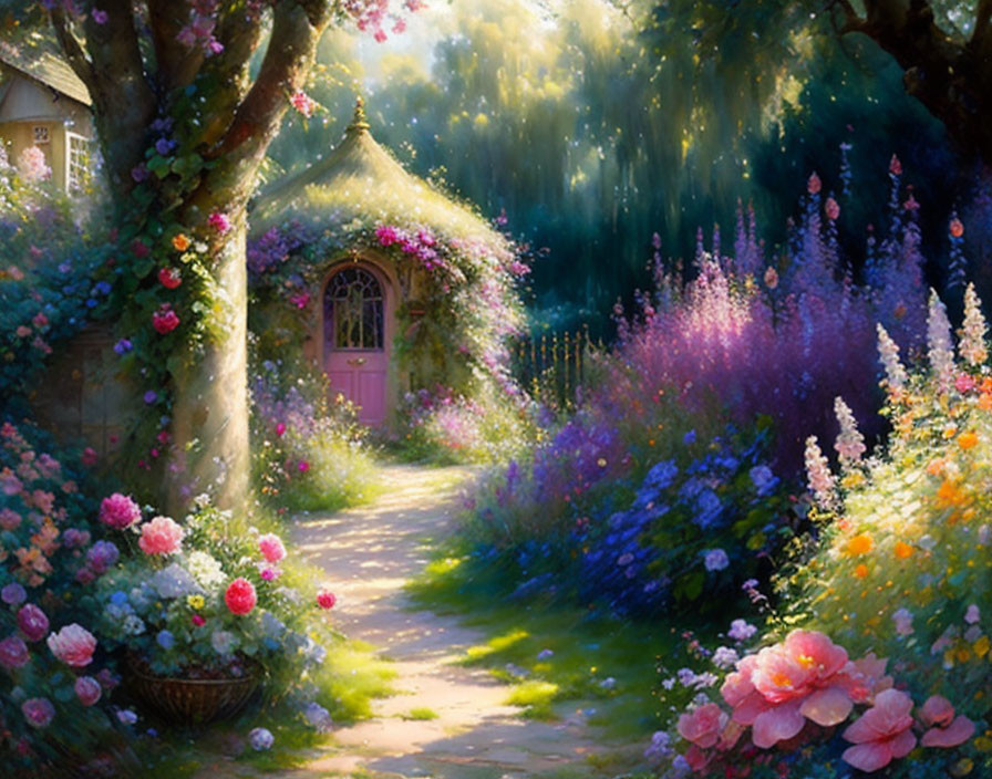 Colorful Cottage Garden with Sunlight and Quaint Door