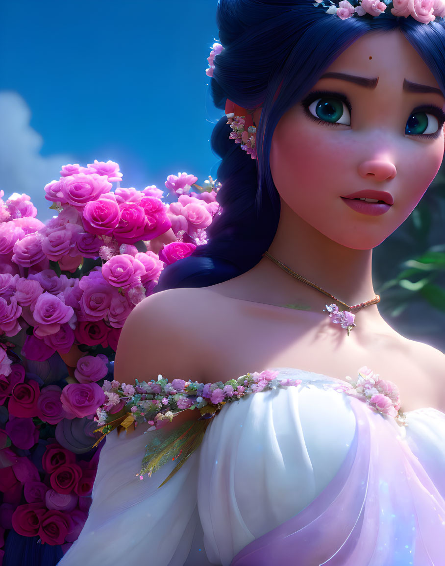 3D animated character with blue eyes, dark hair, pink floral dress, and surrounded by roses