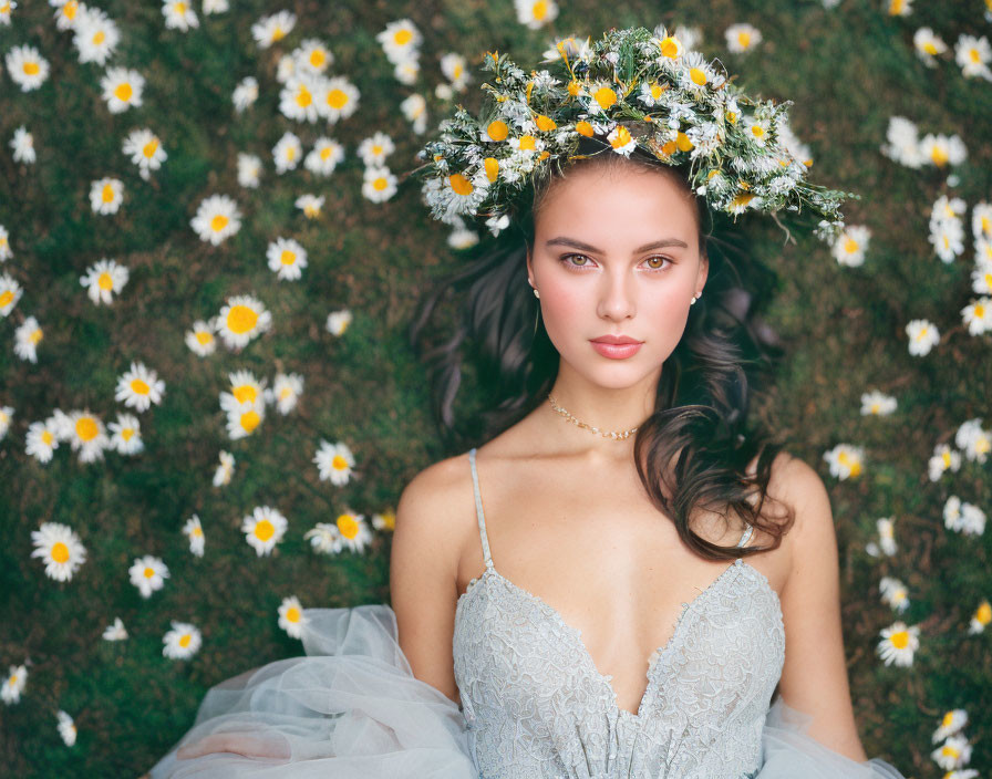 Woman in Floral Crown Lying on Grassy Field with Daisies