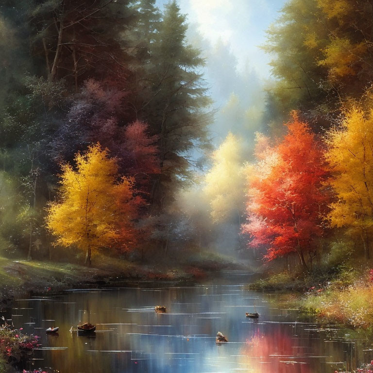 Tranquil autumnal scene with colorful trees reflecting on river