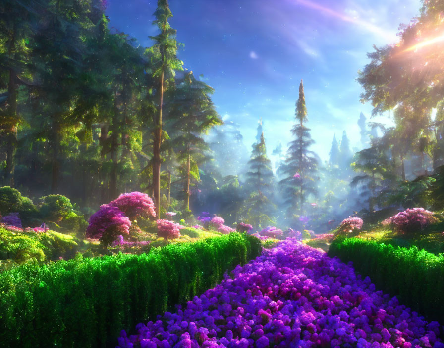 Enchanting forest scene with lush purple flowers and towering trees