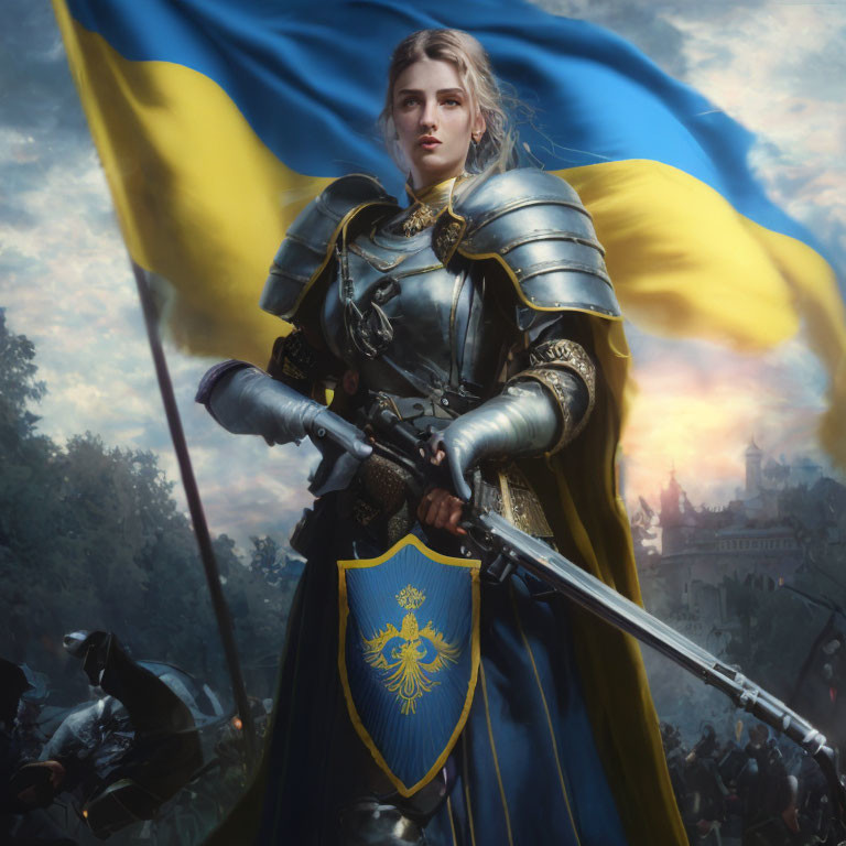 Medieval armor-clad woman with sword by blue and yellow flag