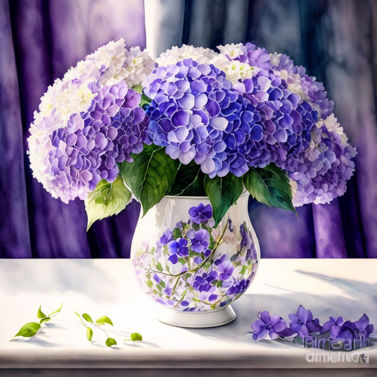 Purple hydrangea bouquet in white vase on table with floral patterns, set against draped purple curtains.