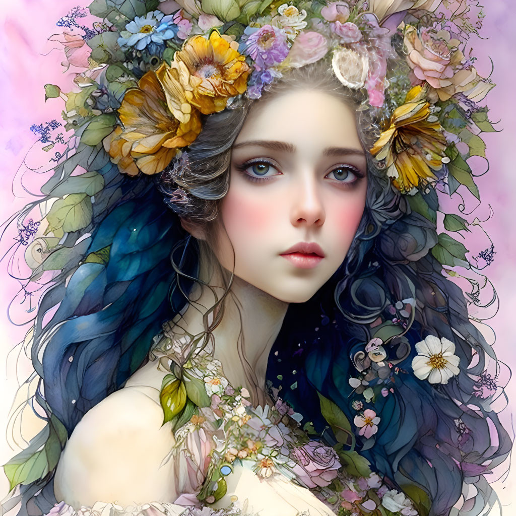 Woman with floral and butterfly adorned blue hair exudes mystical beauty