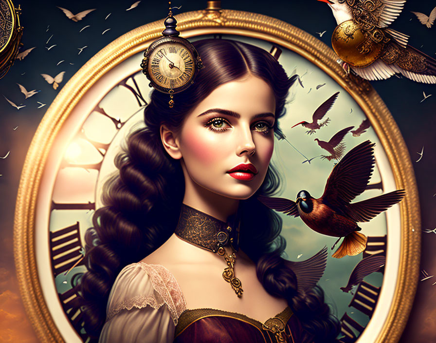 Digital artwork: Woman with braided hair in golden mirror with mechanical birds, cogs, and pocket