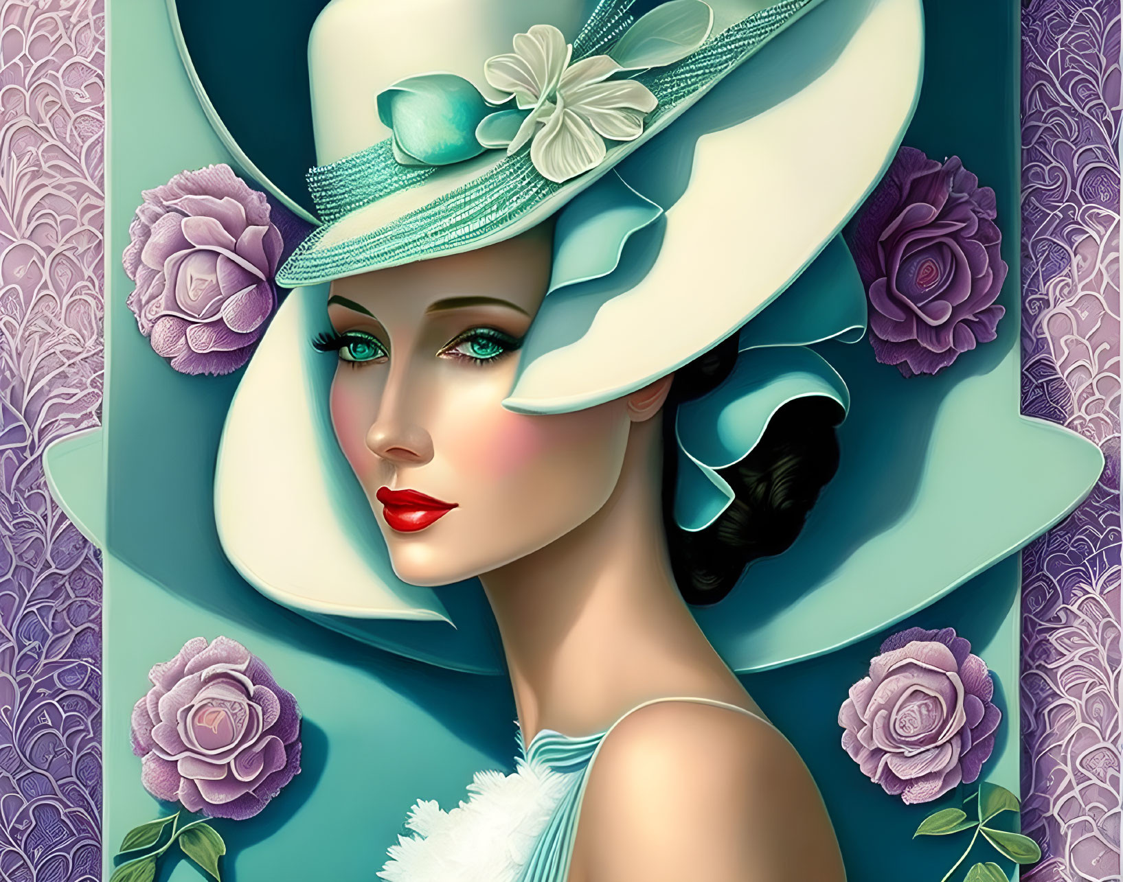 Illustration of woman with green eyes in white hat and teal dress among purple roses