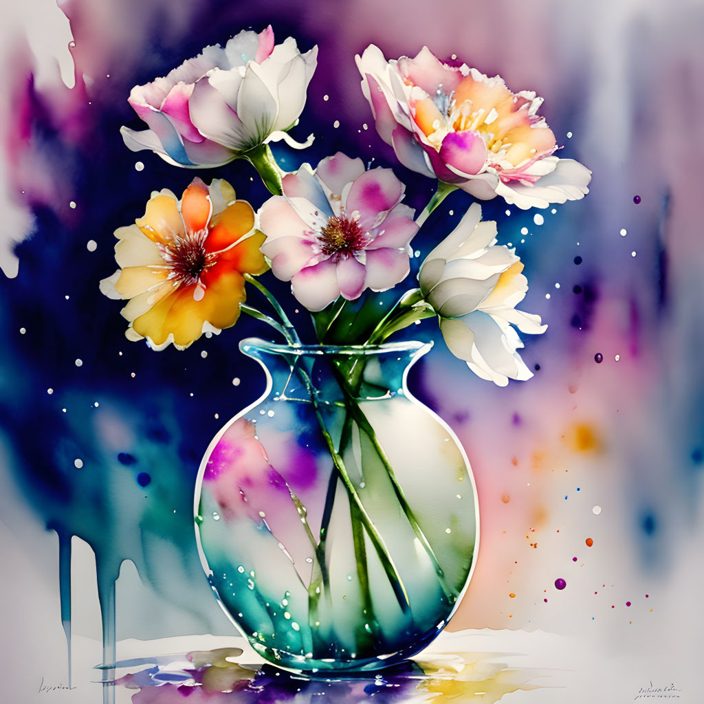 Colorful Watercolor Painting of Glass Vase with Flowers