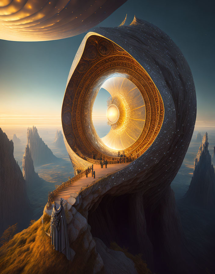 Giant eye-shaped structure on cliff with gathering people and robed figure under ringed planet