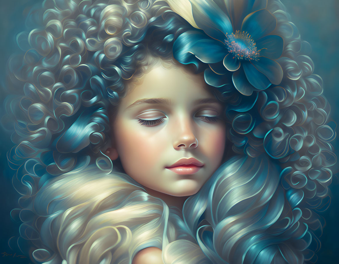 Digital artwork of serene young girl with voluminous curly hair and blue flower, exuding dreamy qualities