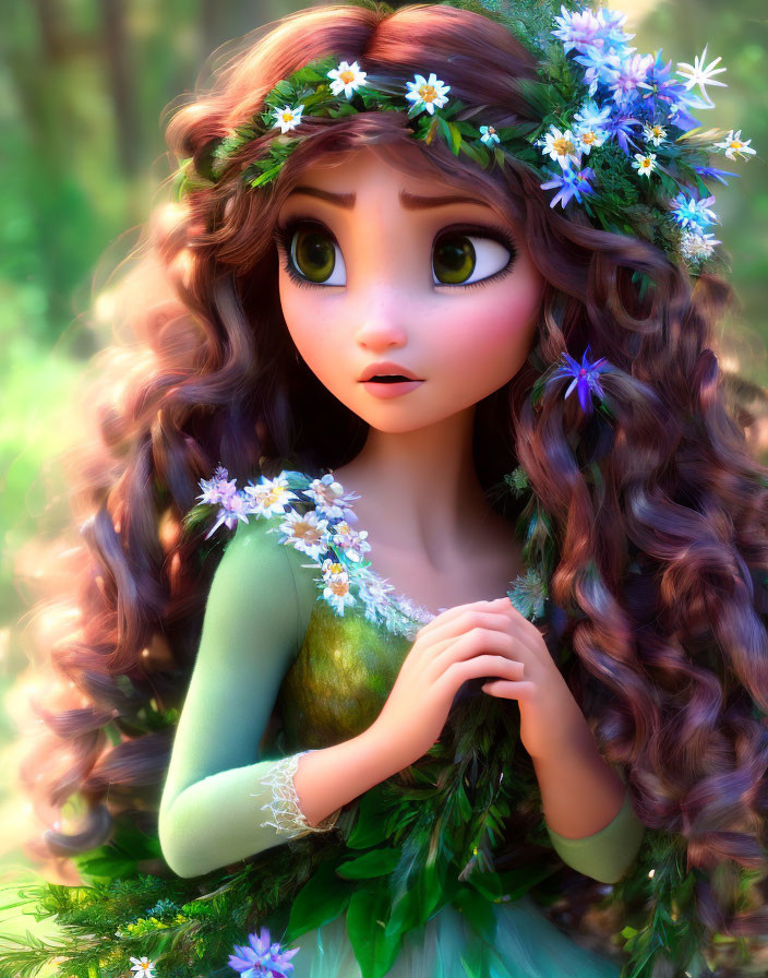 Animated character with large eyes and floral wreath in green dress.