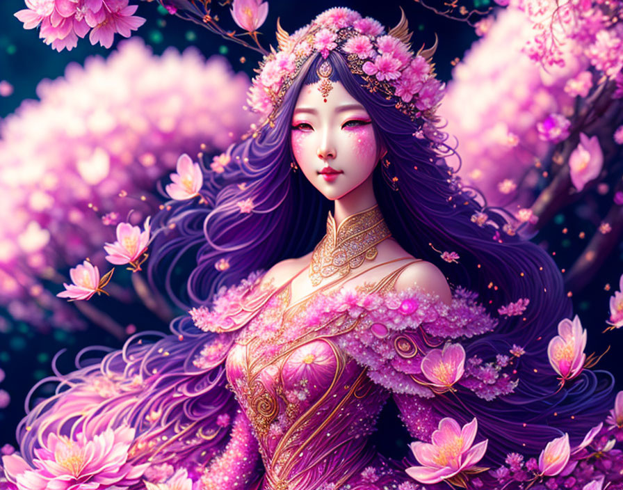 Illustrated woman with violet hair in floral gown on dark blossomy background