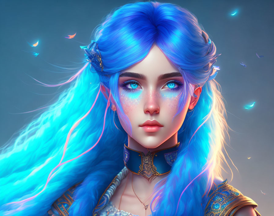 Digital artwork featuring female character with vibrant blue hair and glowing butterflies.