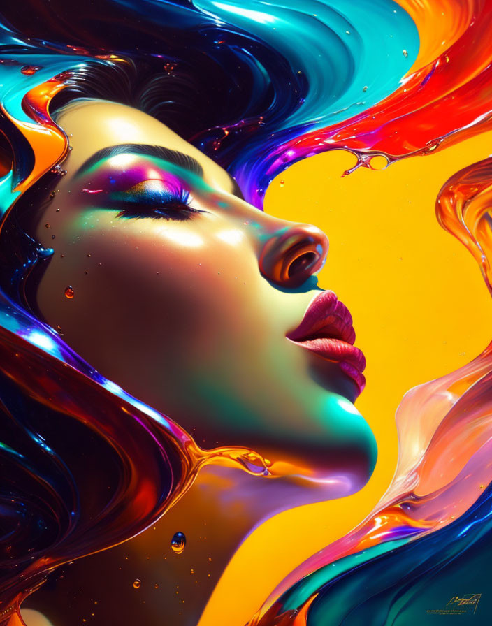 Colorful swirling textures frame woman's face in art.