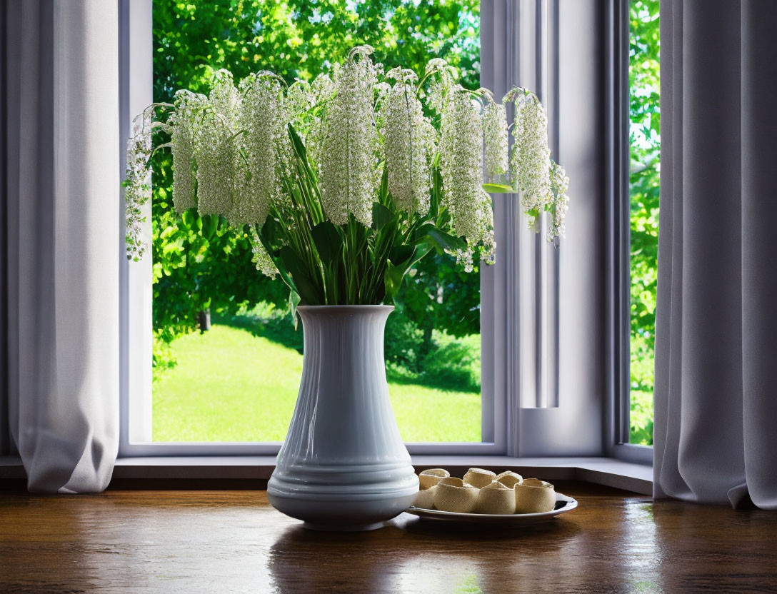 White Flowers in Vase on Wooden Surface Near Open Window with White Curtains