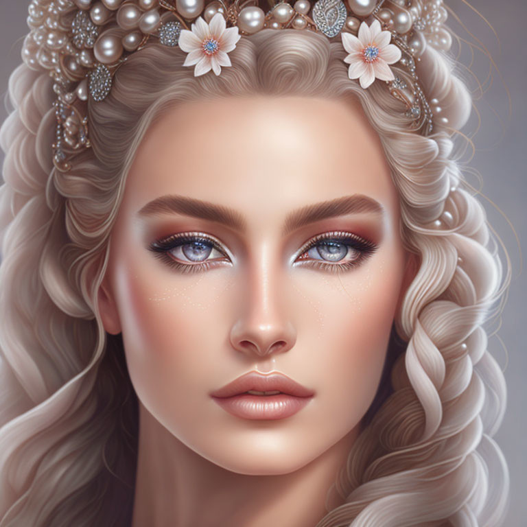 Illustration of woman with blue eyes, pearl hair accessories, and floral head adornments