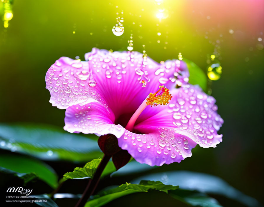 Pink Hibiscus Flower with Water Droplets Backlit by Sunlight