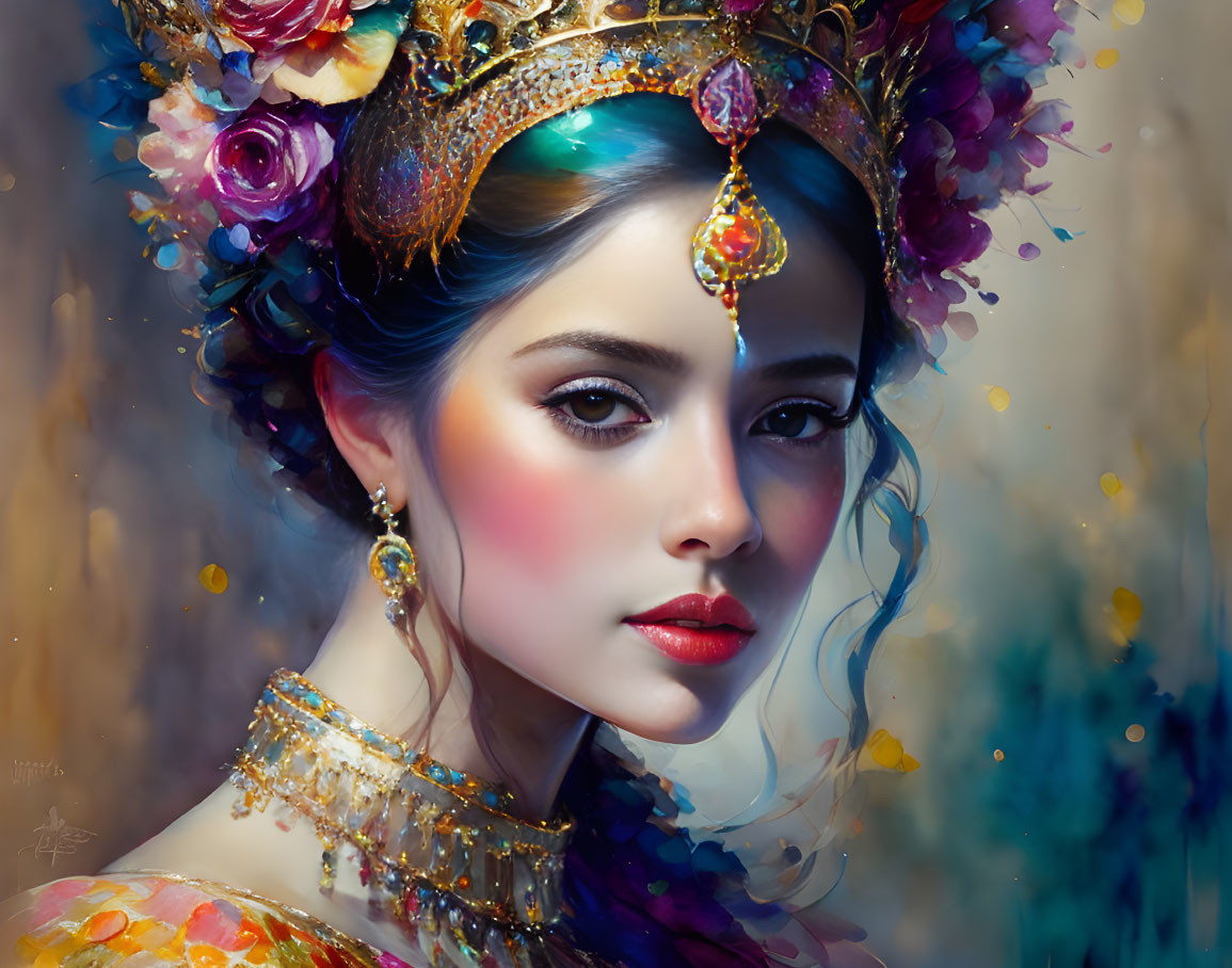 Colorful portrait of woman with vibrant makeup and elaborate headdress.