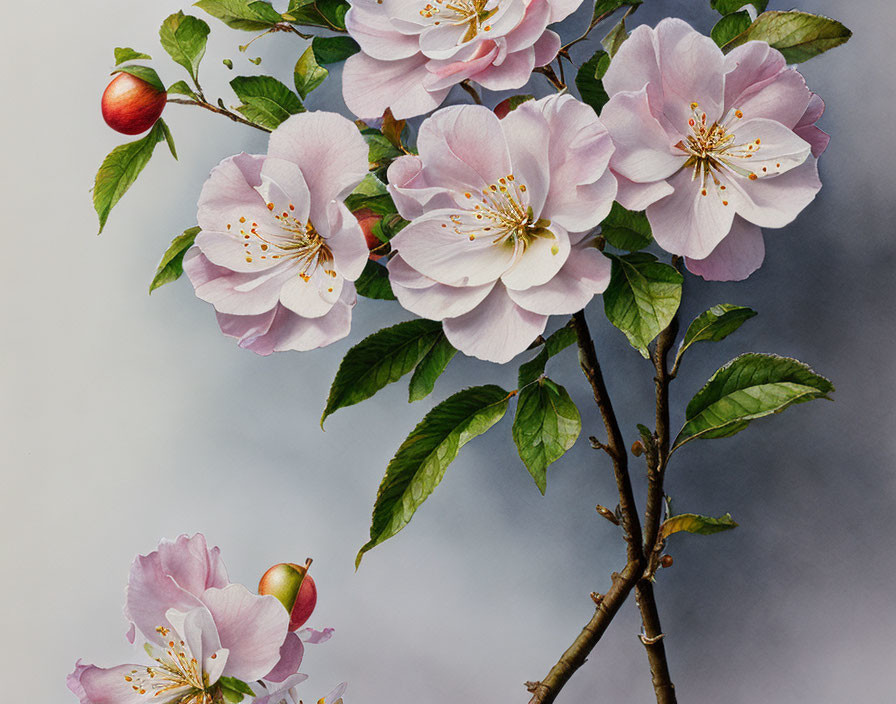 Delicate pink apple blossoms and red apple on branch illustration