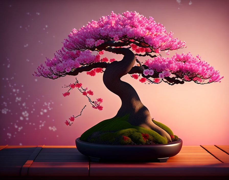 Vibrant bonsai tree with pink blossoms on purple background