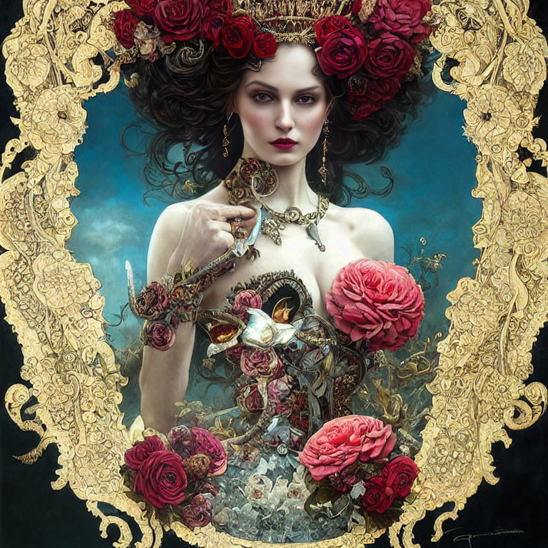 Intricate portrait of a woman with red roses, golden jewelry, and mystical bird in ornate