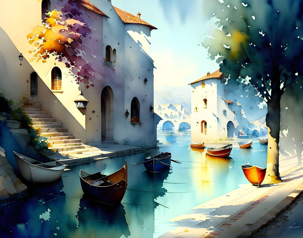 Tranquil Waterfront Village with Colorful Boats and Quaint Buildings