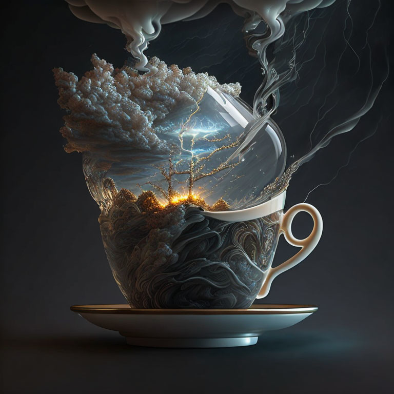 Surreal teacup image with storm cloud and lightning